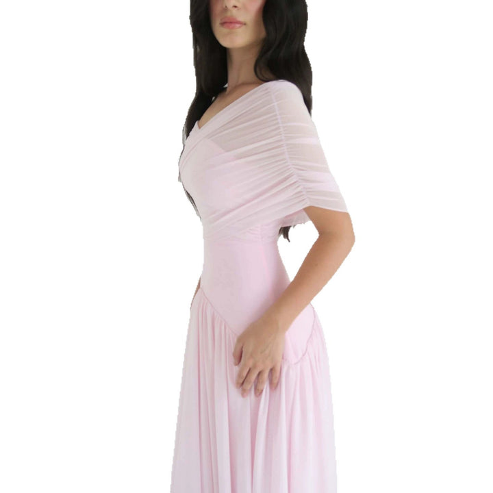 Damen Elegantes Maxikleid mit Wickeloptik und transparenten Ärmeln Drune