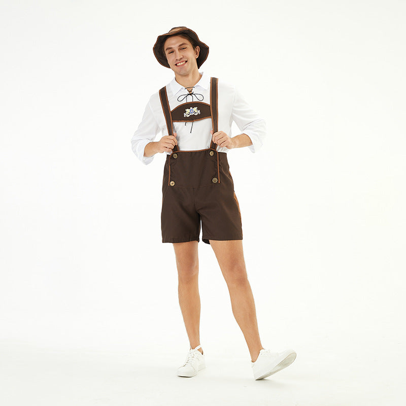 Herren nan traditionelle Kurzlederhose mit verstellbaren Trägern und dekorativem Brustlatz Drune