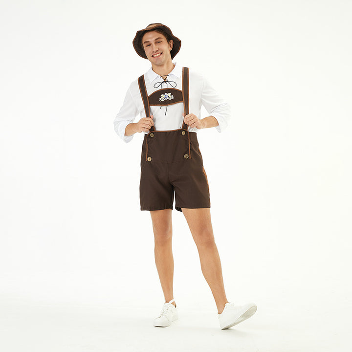 Herren nan traditionelle Kurzlederhose mit verstellbaren Trägern und dekorativem Brustlatz Drune