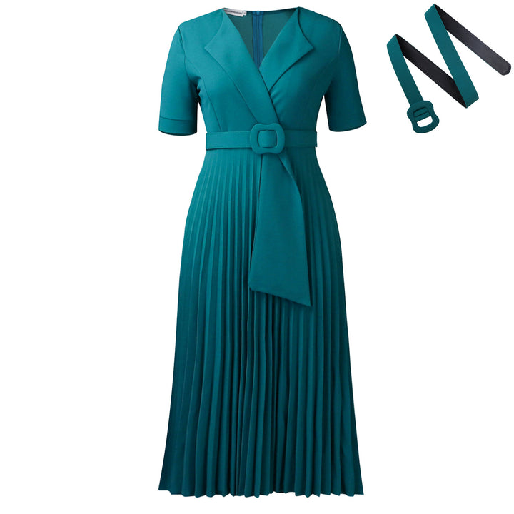 Damen Plissee Kleid mit tailliertem Blazer-Oberteil und abnehmbarem Gürtel Drune