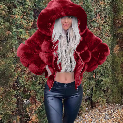 Damen Kuschelige Kunstfelljacke mit voluminösem Kapuzenkragen Drune