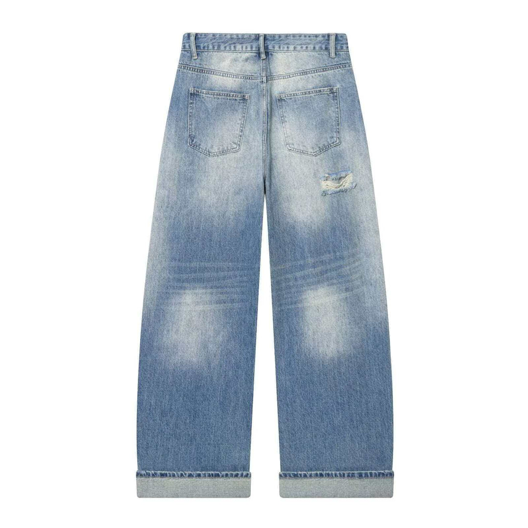 Damen nan weite High‑Waist Ripped Jeans mit Straight‑Leg, aufgekrempeltem Saum und klassischen Taschen Drune