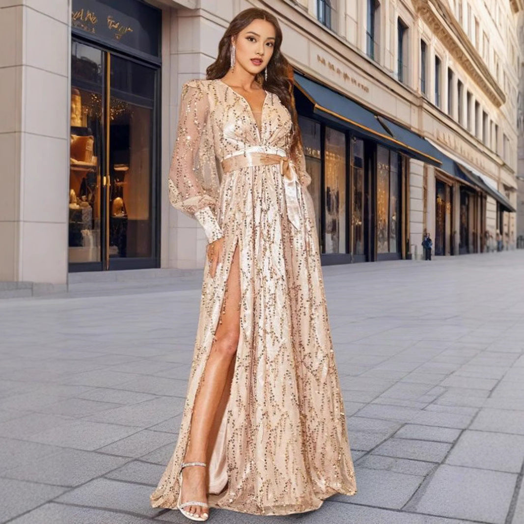 Damen Glitzerndes Abendkleid mit hochgeschlossenem V-Ausschnitt und seitlichem Schlitz Drune