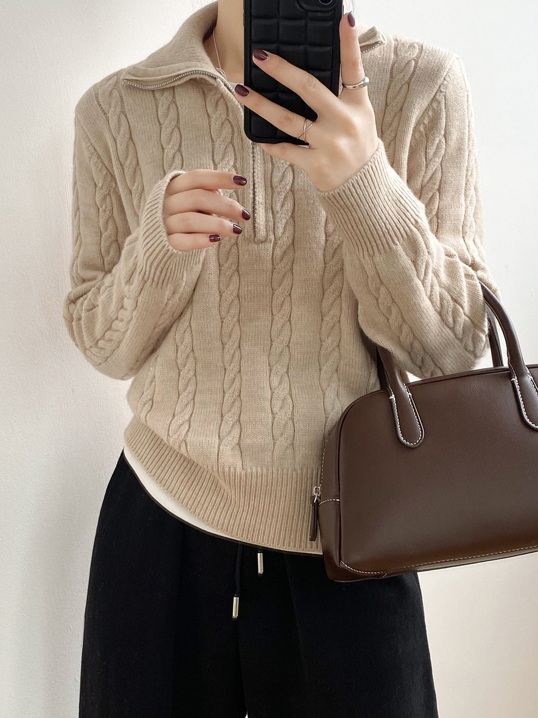 Damen Strickpullover mit Zopfdesign und modernem Stehkragen Drune