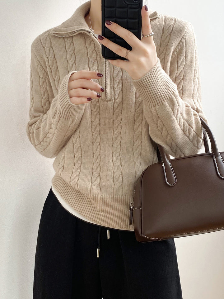 Damen Strickpullover mit Zopfdesign und modernem Stehkragen Drune