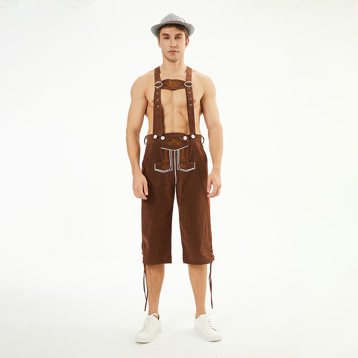 Herren nan kniehohe Trachtenhose aus Wildlederimitat mit dekorativen Stickdetails und verstellbaren Trägern Drune