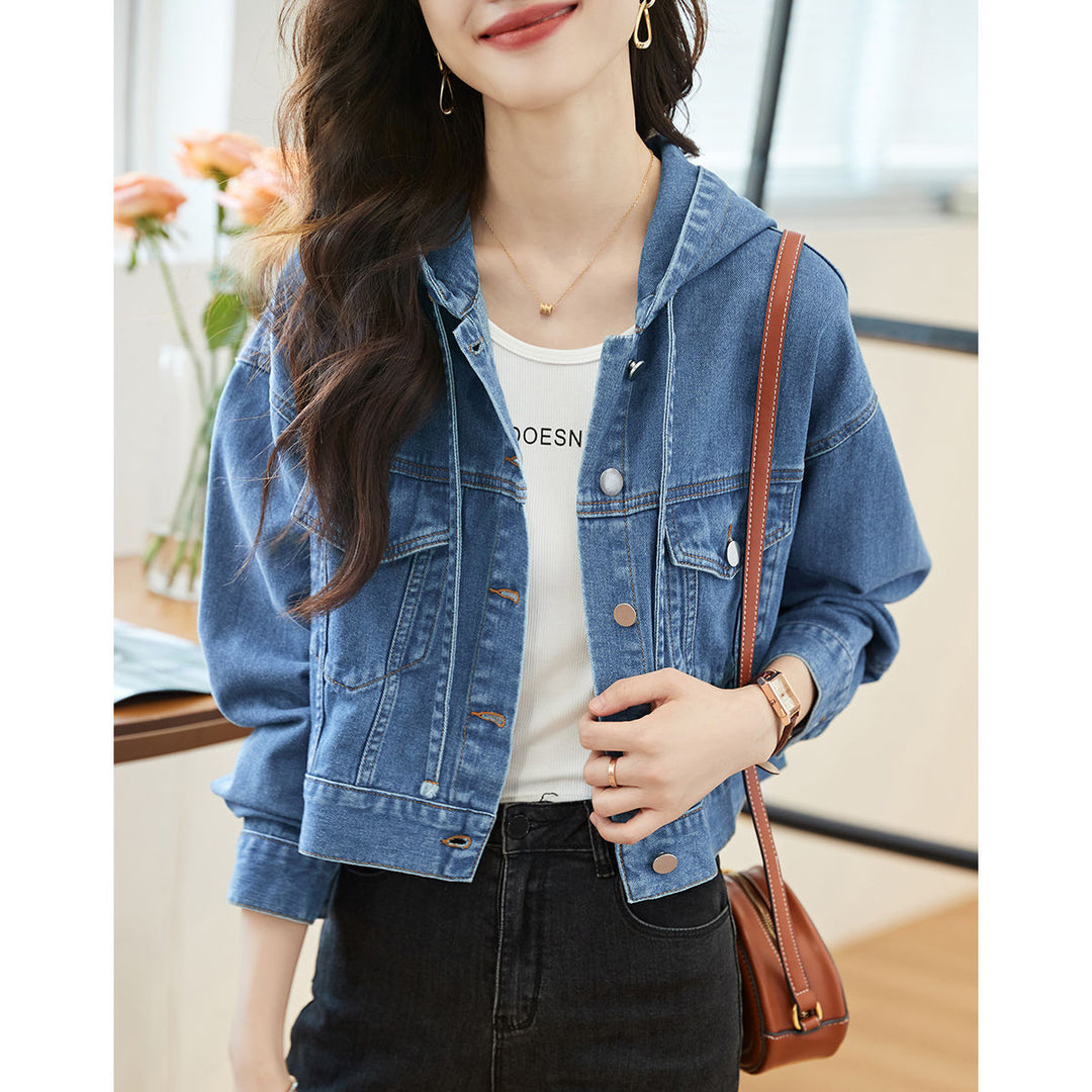 Damen modische Kurzjeansjacke mit Kapuze und praktischen Taschen Drune