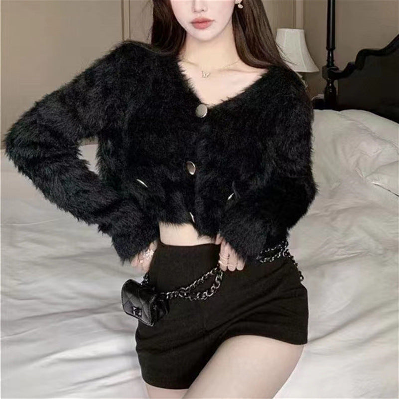 Damen Flauschiger Cardigan mit Knopfdetails und praktischen Taschen Drune