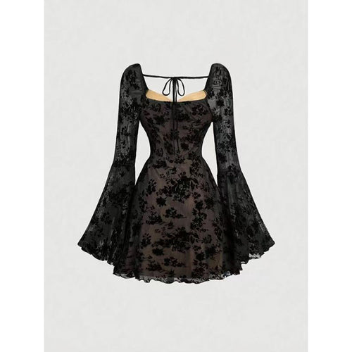 Damen Mini-Kleid mit floralen Spitzenärmeln und verführerischem Ausschnitt Drune