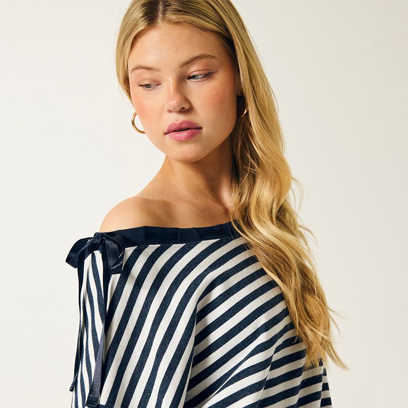 Damen lässiges Off-Shoulder Sweatshirt mit gestreiftem Design Drune