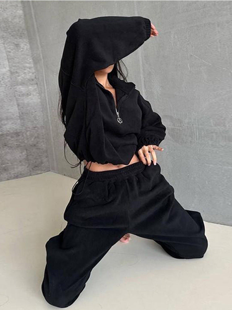 Damen Fleece-Loungewear-Set mit halbem Reißverschluss und elastischem Bund Drune