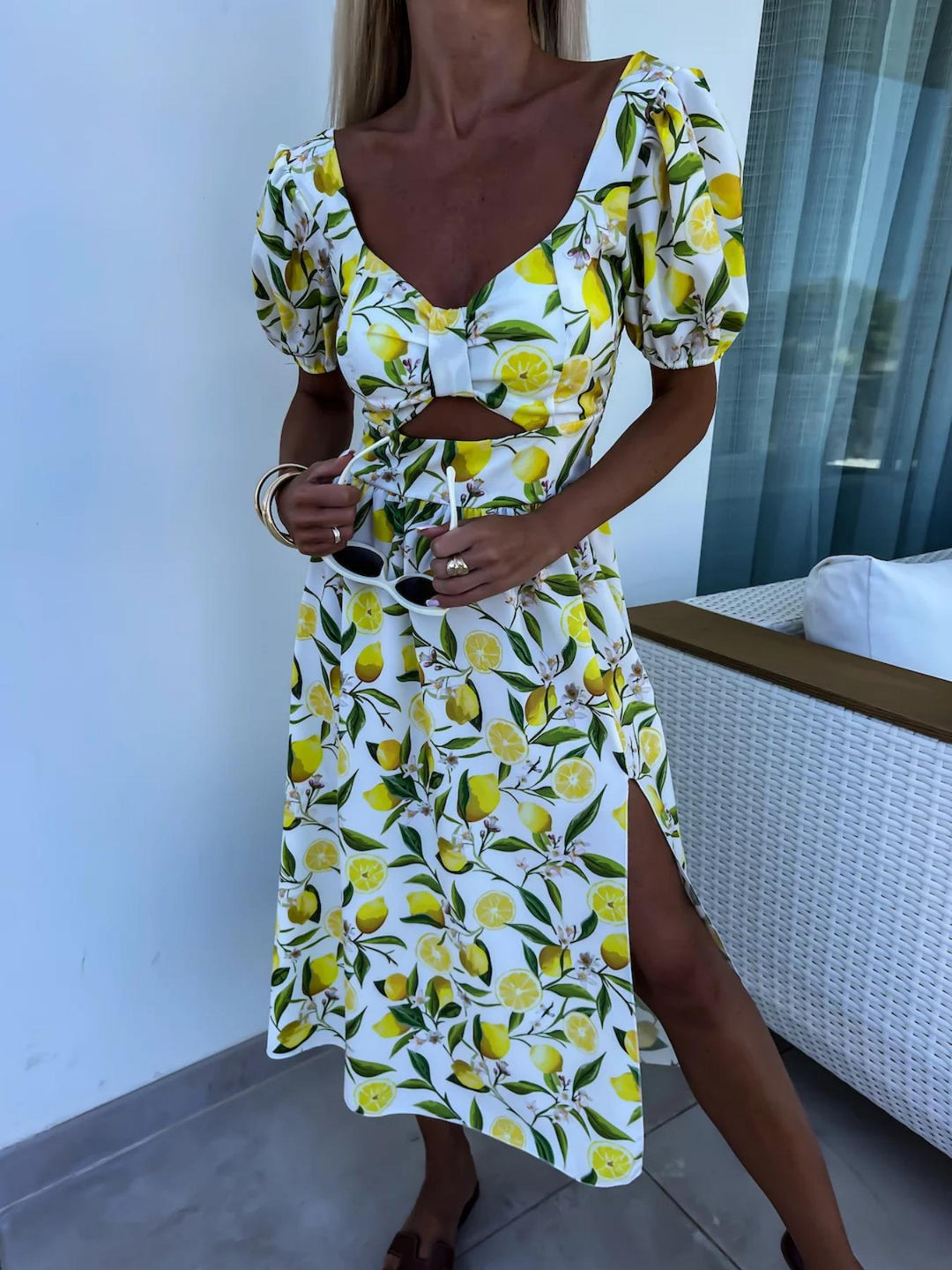 Damen Cut-Out Zitronen-Print Midi Kleid Drune