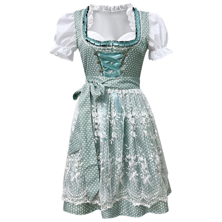 Damen nan kurzes traditionelles Dirndlkleid mit Spitzen-Schürze, geschnürter Taille und Puffärmeln Drune