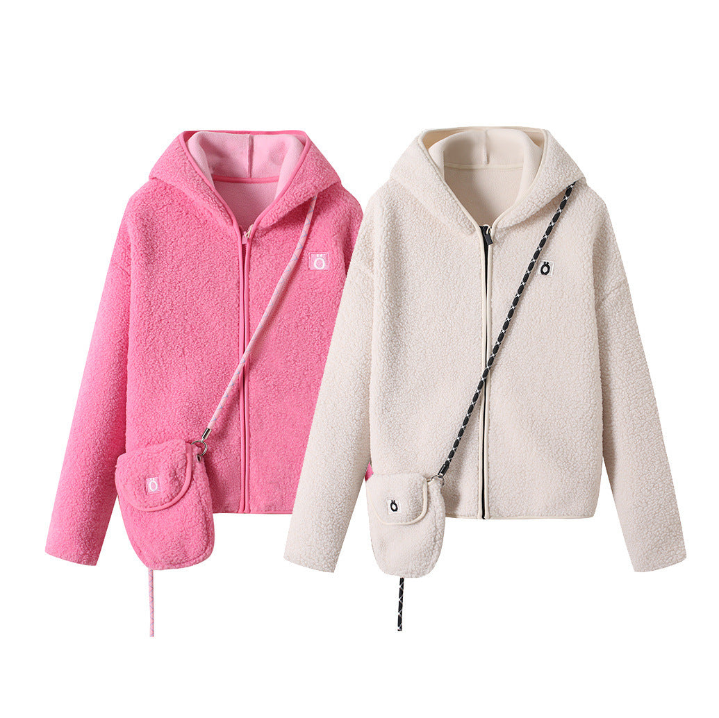Damen kuschelige Fleecejacke mit Kapuze und praktischer Umhängetasche Drune