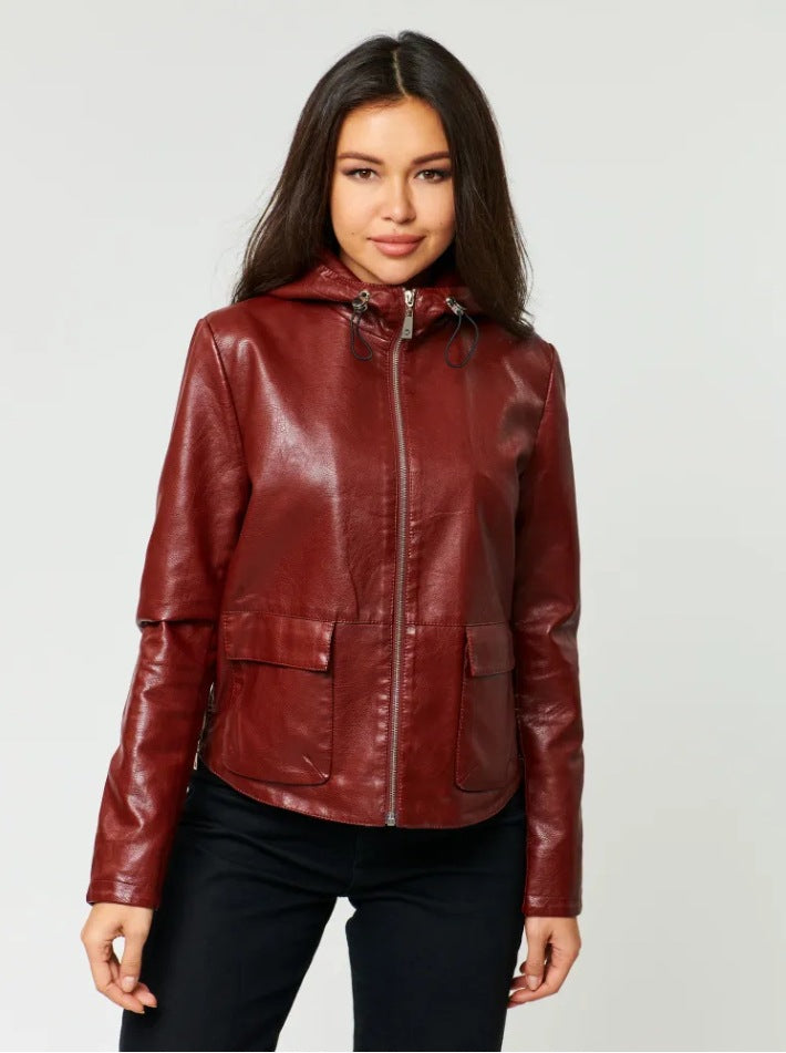 Damen Kunstlederjacke mit angeschnittenem Hoodie und praktischen Taschen Drune
