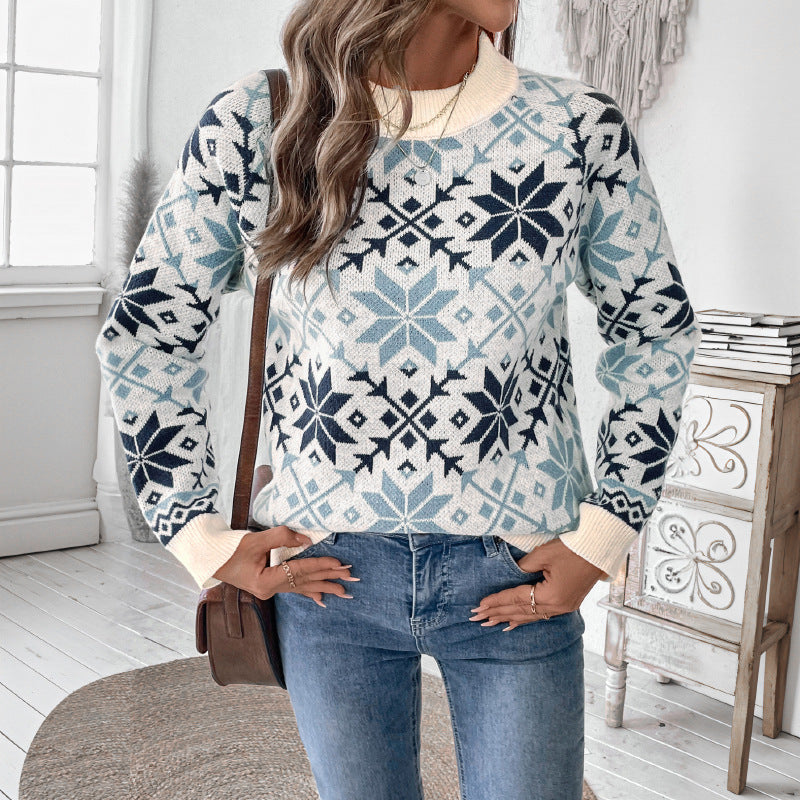 Damen Strickpullover mit winterlichen Mustern und Rundhalsausschnitt Drune