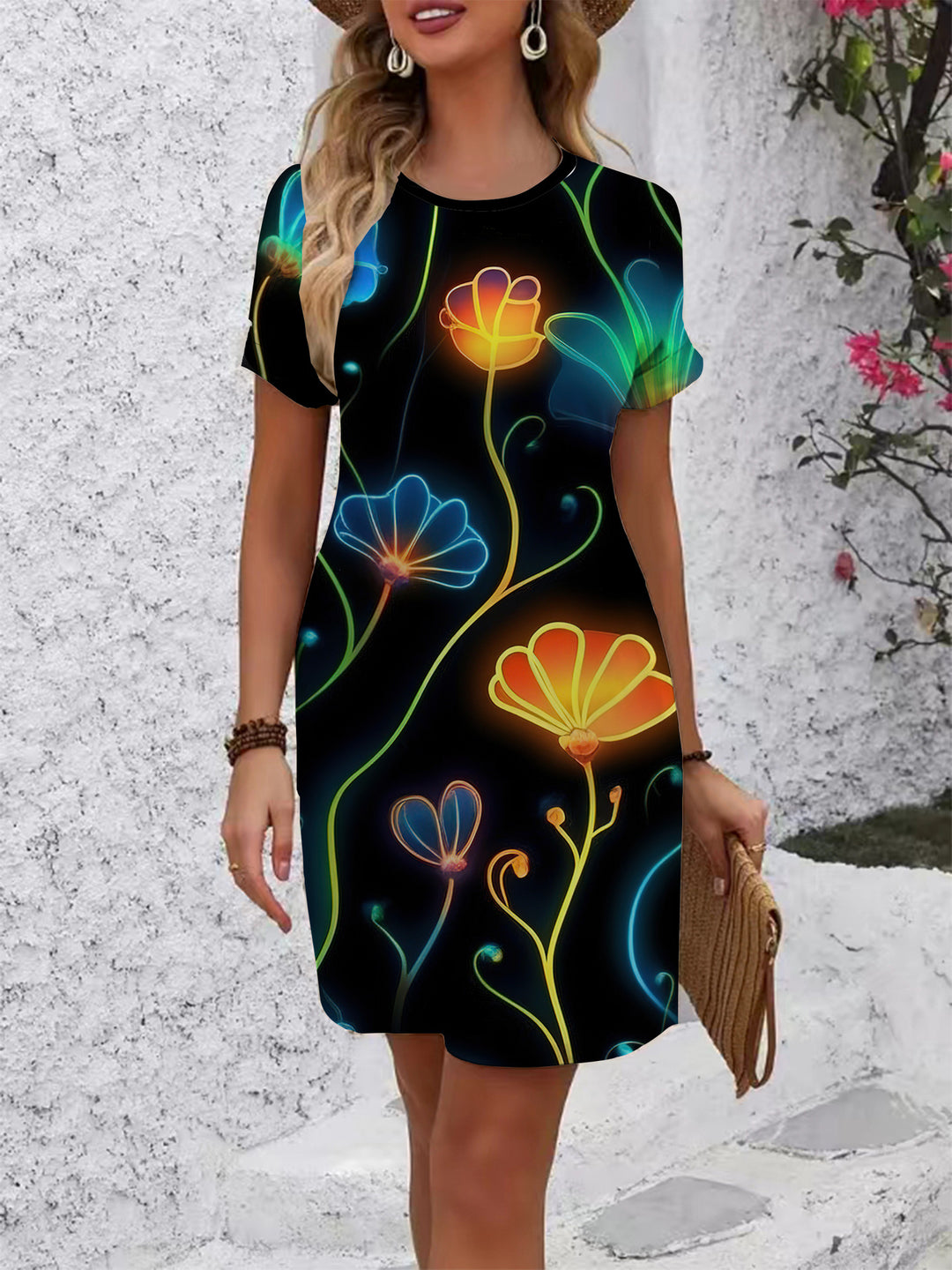 Damen komfortables Freizeitkleid mit lebhaftem Blumenmuster und lockerer Passform Drune
