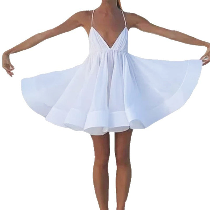 Damen Sommerliches Freizeitkleid mit tiefem V-Ausschnitt und schwingendem Rock Drune