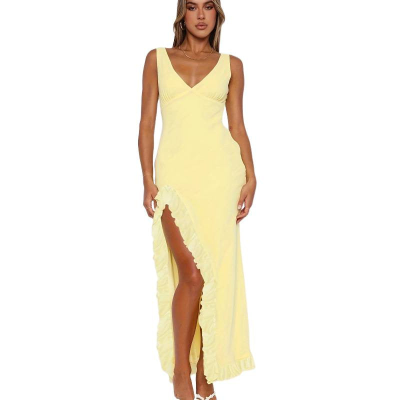 Damen Maxikleid mit tiefem V-Ausschnitt und verspielten Rüschendetails Drune