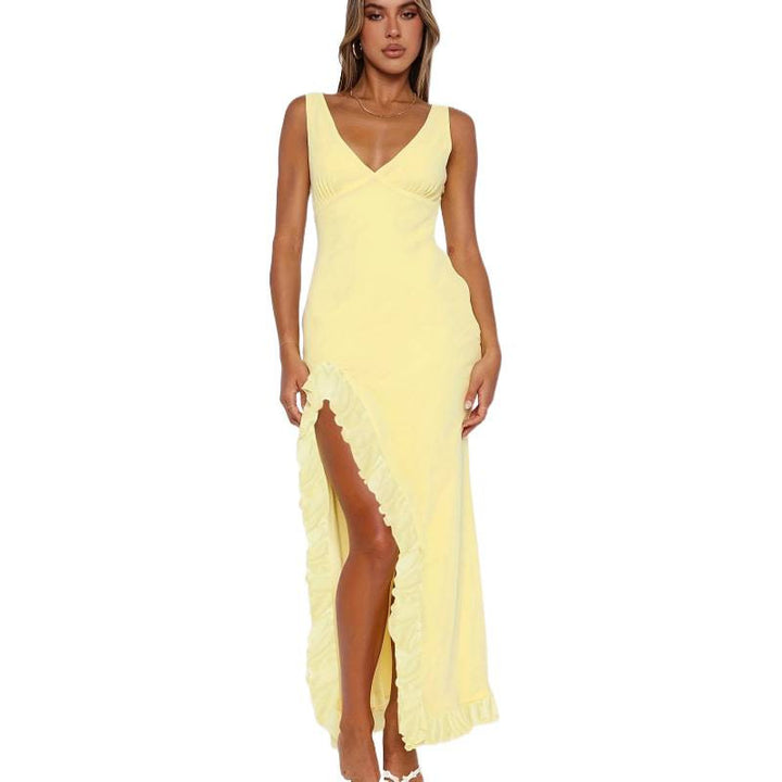 Damen Maxikleid mit tiefem V-Ausschnitt und verspielten Rüschendetails Drune