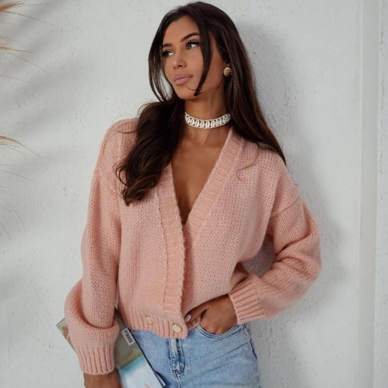 Damen kuschelige Strickjacke mit lockerer Passform und tiefem V-Ausschnitt Drune