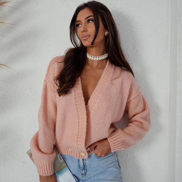 Damen kuschelige Strickjacke mit lockerer Passform und tiefem V-Ausschnitt Drune