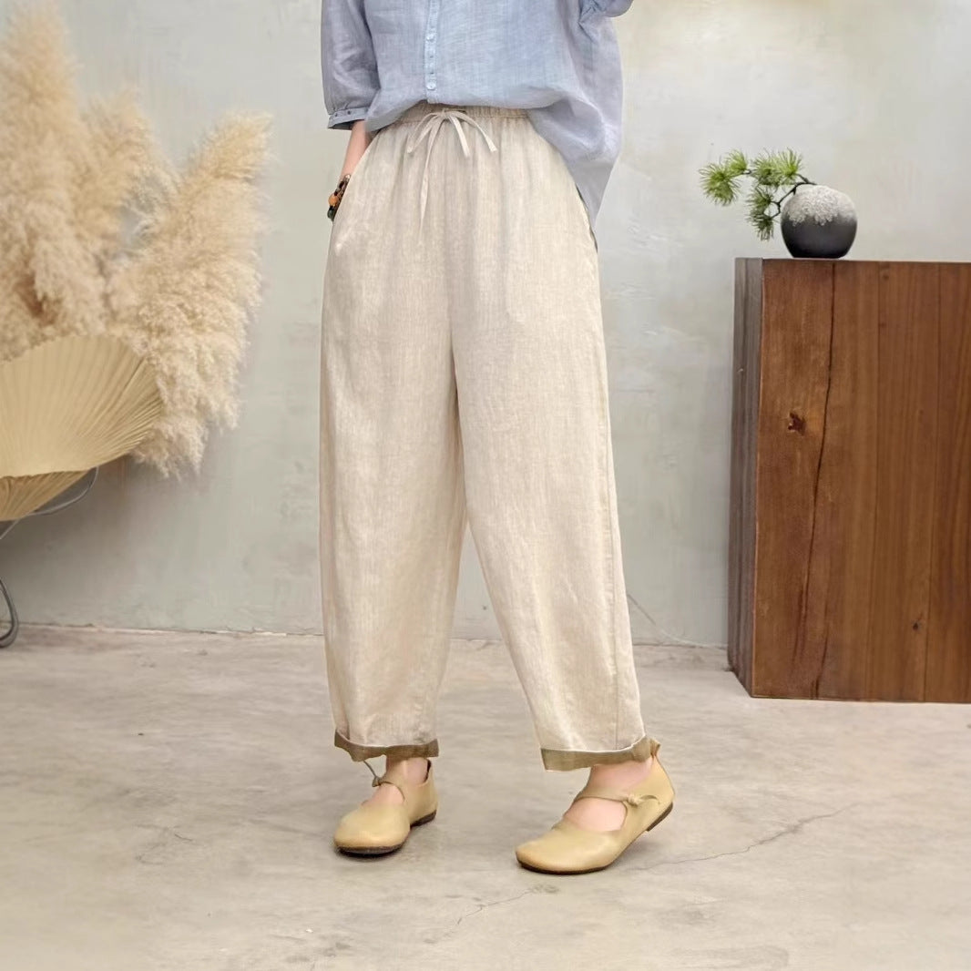 Damen Relaxed Fit Hohe Taille Hose mit verstellbarem Zugband Drune