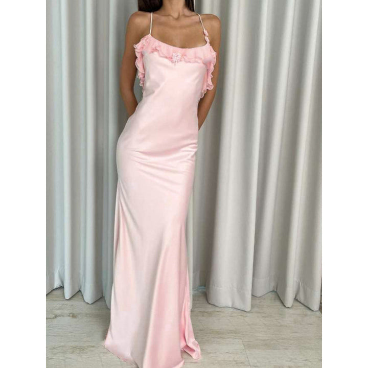 Damen Maxi-Kleid mit eleganten Rüschendetails und tiefem Rückenausschnitt Drune