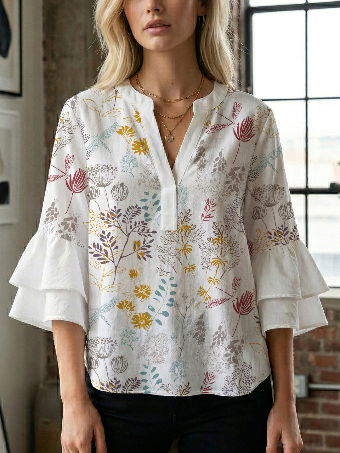 Damen Blusenshirt mit voluminösen Ärmeln und floralem Muster Drune