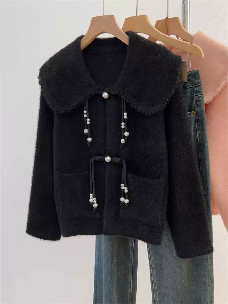 Damen modische Strickjacke mit Perlendetails Drune