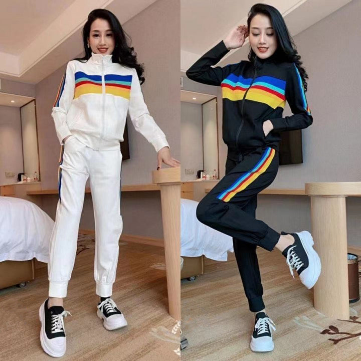 Damen Sportliches Freizeit-Set mit hohem Kragen und bunten Streifen Drune