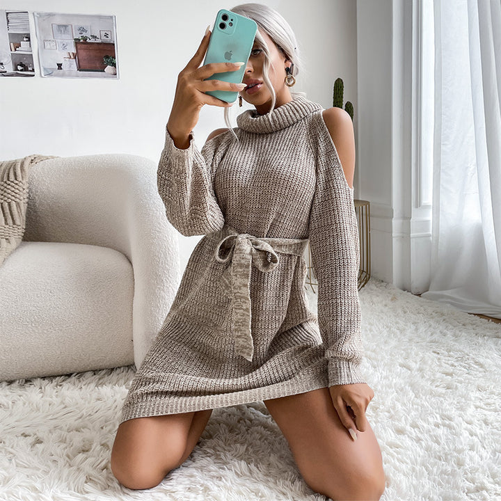 Damen Strickkleid mit offener Schulter und modischem Taillengürtel Drune