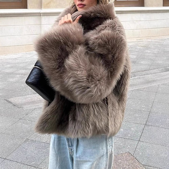 Damen Pelzjacke im modernen Oversize-Stil mit gemütlichem Kragen Drune