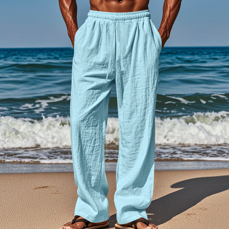 Herren nan luftige Strandhose aus Baumwoll-Leinen mit Tunnelzug und Seitentaschen Drune