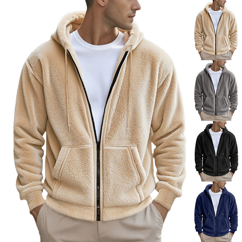 Herren nan Sherpa-Fleece Kapuzenjacke mit durchgehendem Reißverschluss und versteckten Seitentaschen Drune