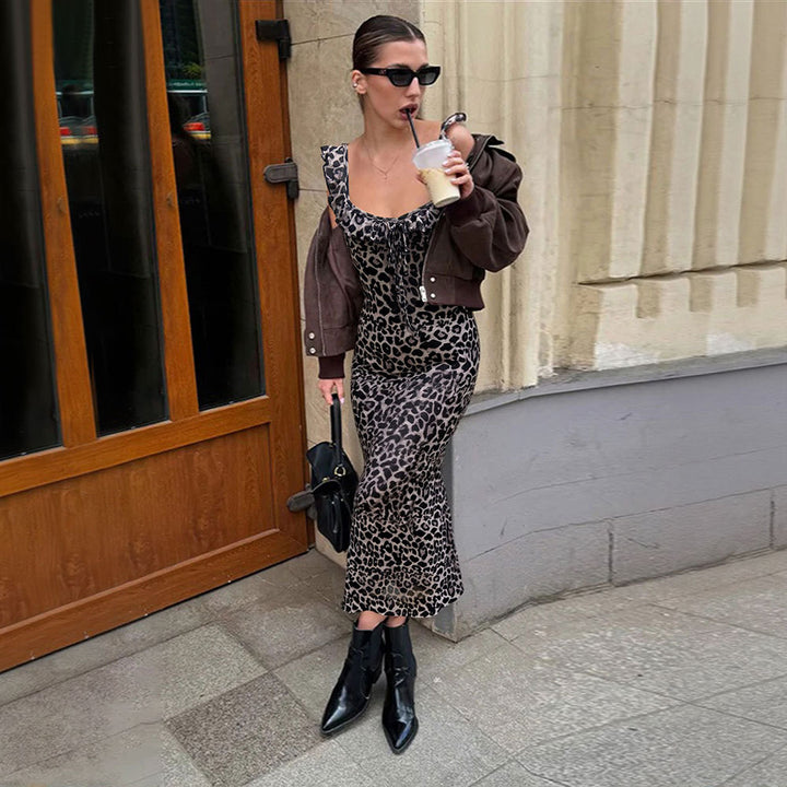 Damen Maxikleid mit Leopardenmuster und verführerischem Ausschnitt Drune