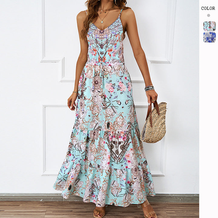 Damen Maxikleid mit floralem Design und seitlichen Taschen Drune