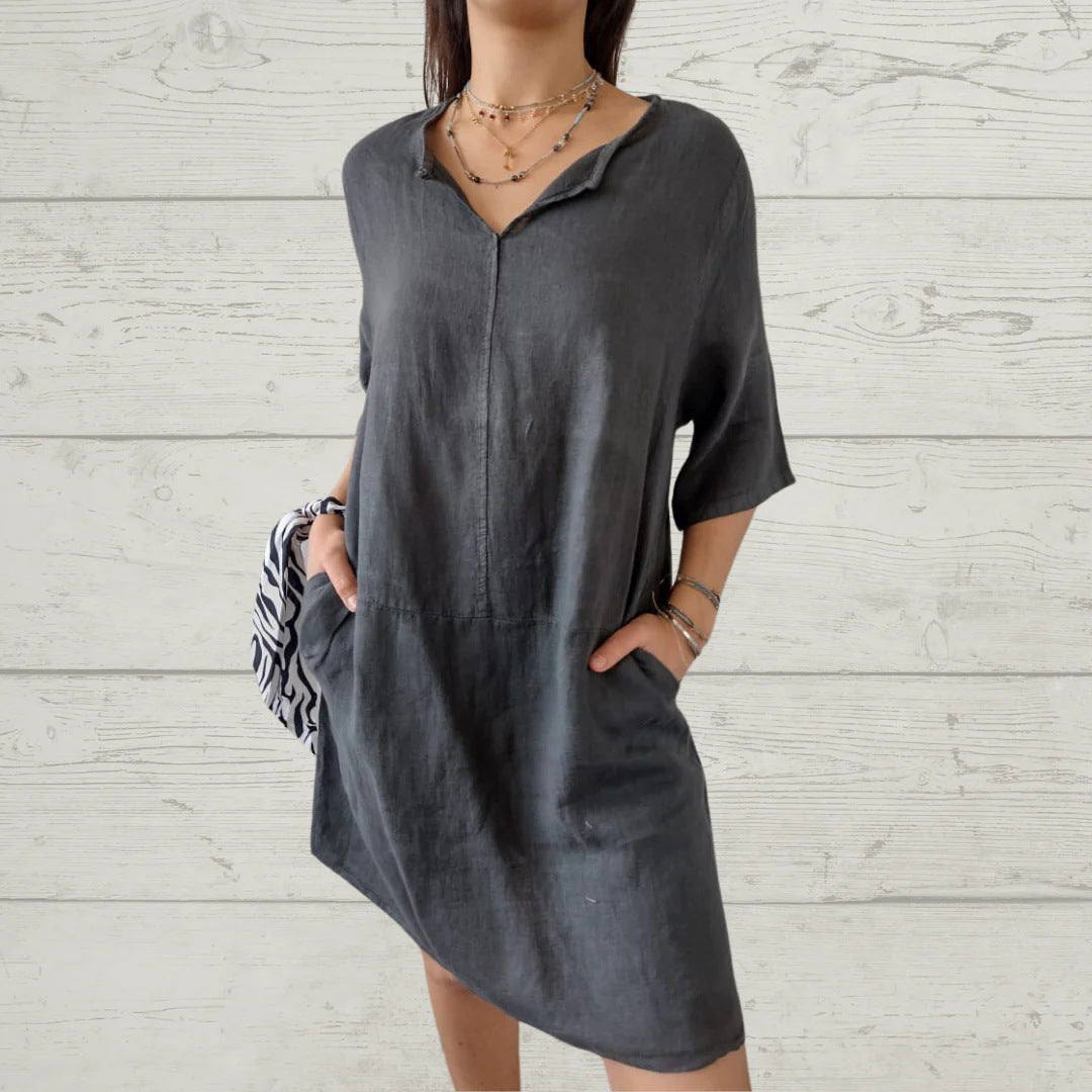Damen Leichtes Leinenkleid mit vorderem Knopfdetail und seitlichen Taschen Drune