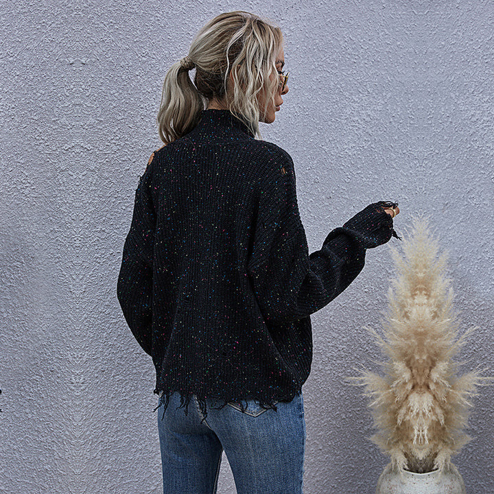 Damen lockerer Strickpullover mit asymmetrischem Saum und transparentem Cut-Out Drune