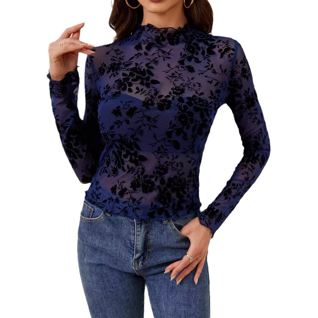 Damen nan transparentes Netzoberteil mit samtigem Floraldruck und Stehkragen Drune