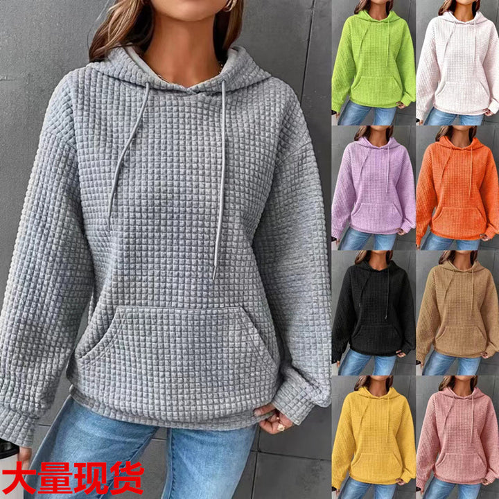 Damen Kuscheliger Waffelpullover mit Kapuze und Kängurutasche Drune