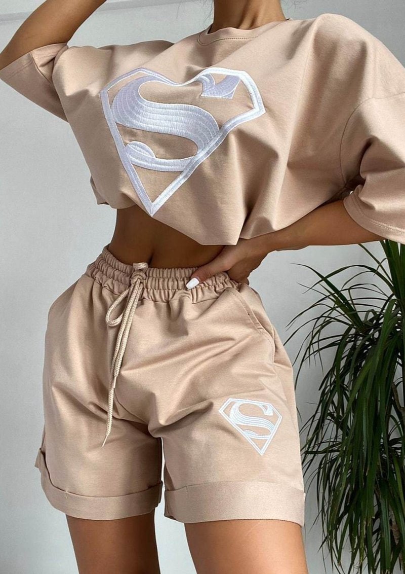 Damen sportliches Kurzarm-Shirt und Shorts-Set mit exklusivem Logo-Design Drune