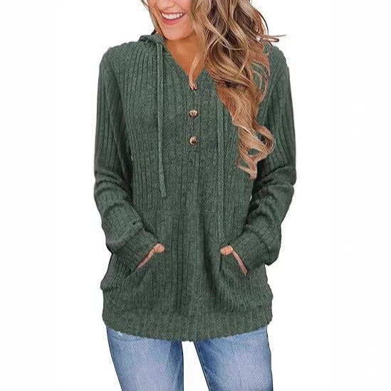 Damen kuscheliger Kapuzenpullover mit Knopfleiste und seitlichen Taschen Drune