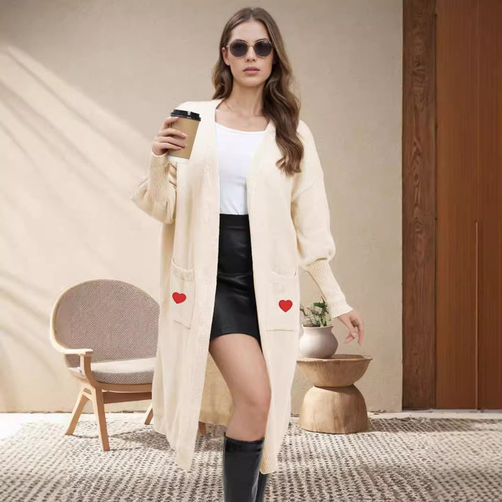 Damen Langarm-Strickjacke mit Herzen und offenen Taschen Drune