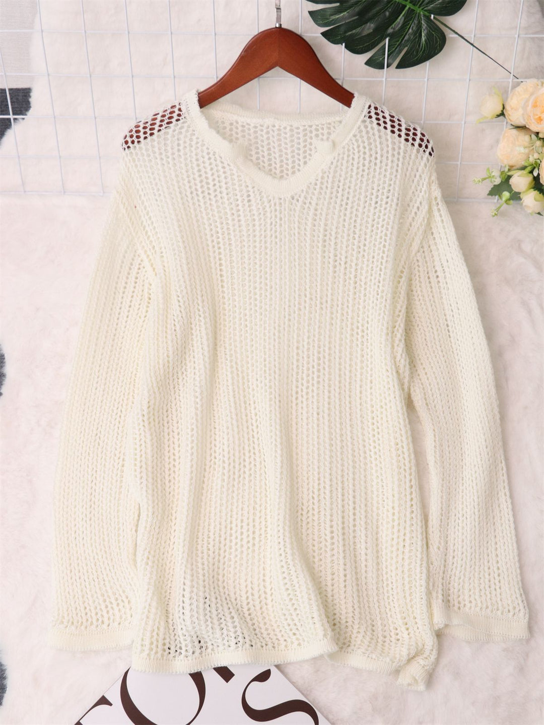 Damen luftiger Strickpullover mit modernem Netzdesign Drune
