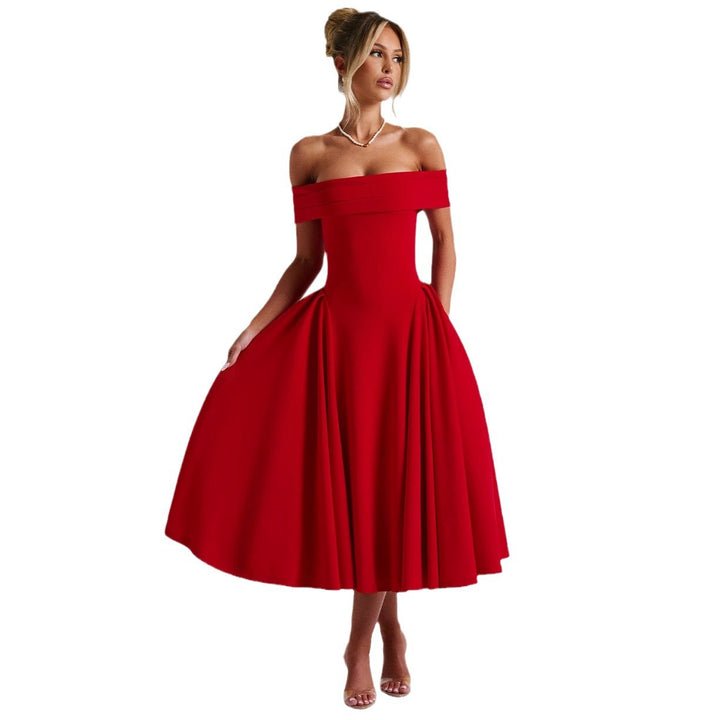 Damen elegantes Abendkleid mit schulterfreiem Design und voluminösem Rock Drune