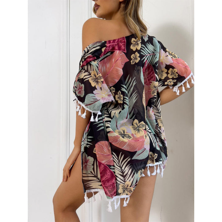 Damen Strandüberwurf mit floralem Design und verspielten Fransen Drune