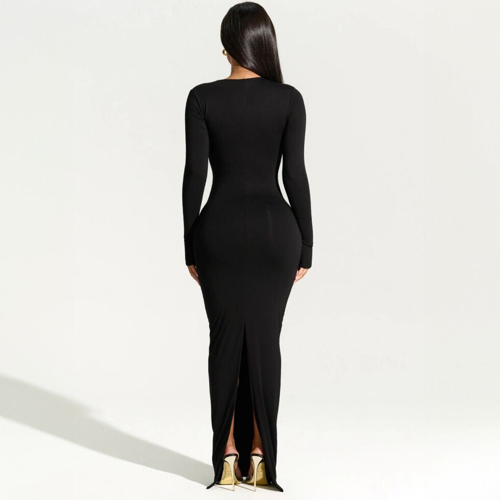 Damen elegantes Wickel-Maxi-Kleid mit asymmetrischem Halsausschnitt Drune