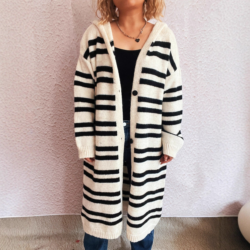 Damen gemütlicher Strickcardigan mit modischem Streifenmuster und Kapuze Drune