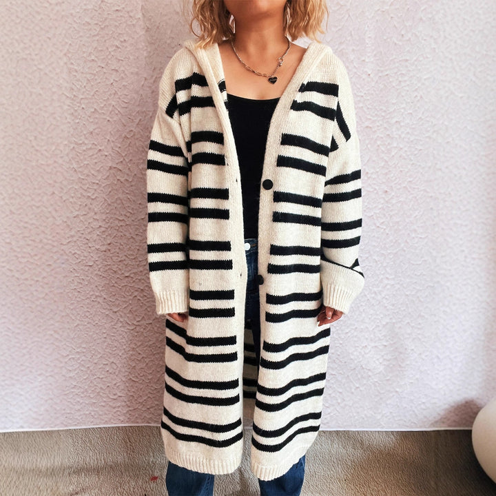 Damen gemütlicher Strickcardigan mit hochgeschlossenem Kragen und modischem Streifenmuster Drune